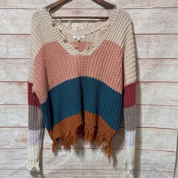 Miracle V-neck raw edge striped sweater - Picture 1 of 5